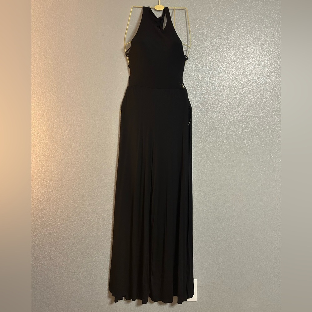 black soft stretch lace up back open side wide leg jumpsuit attached short small